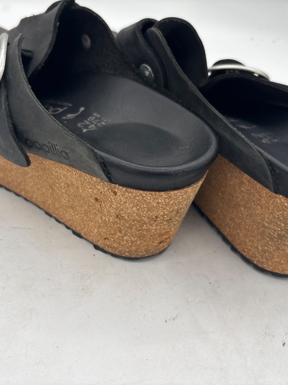 Birkenstock Papillio Fanny Big Buckle Black Oiled Leather Wedge Sz - Picture 14 of 15